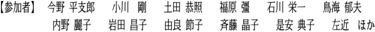 【参加者】　今野 平支郎　　小川  剛　　土田 恭照　　福原 彊　　石川 栄一　　鳥海 郁夫 　　　　　  内野 麗子　　岩田 昌子　　由良 節子　　斉藤 晶子　　是安 典子　　左近　ほか