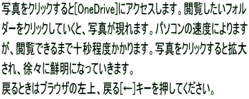 写真をクリックすると[OneDrive]にアクセスします。閲覧したいフォル ダーをクリックしていくと、写真が現れます。パソコンの速度によります が、閲覧できるまで十秒程度かかります。写真をクリックすると拡大 され、徐々に鮮明になっていきます。 戻るときはブラウザの左上、戻る[←]キーを押してください。